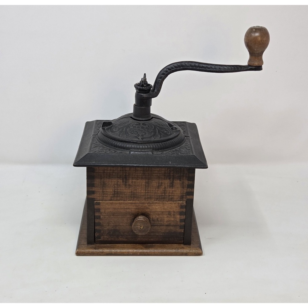 VINTAGE COFFEE GRINDER DOVETAIL WOOD WITH DRAWER & ORNATE CAST IRON TOP